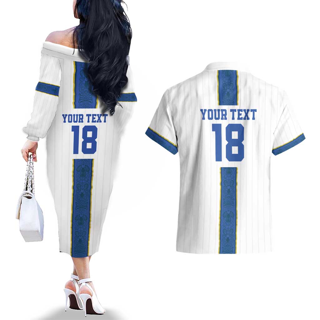 Custom Finland Football Couples Matching Off The Shoulder Long Sleeve Dress and Hawaiian Shirt Suomi Champion Sami Pattern - Wonder Print Shop