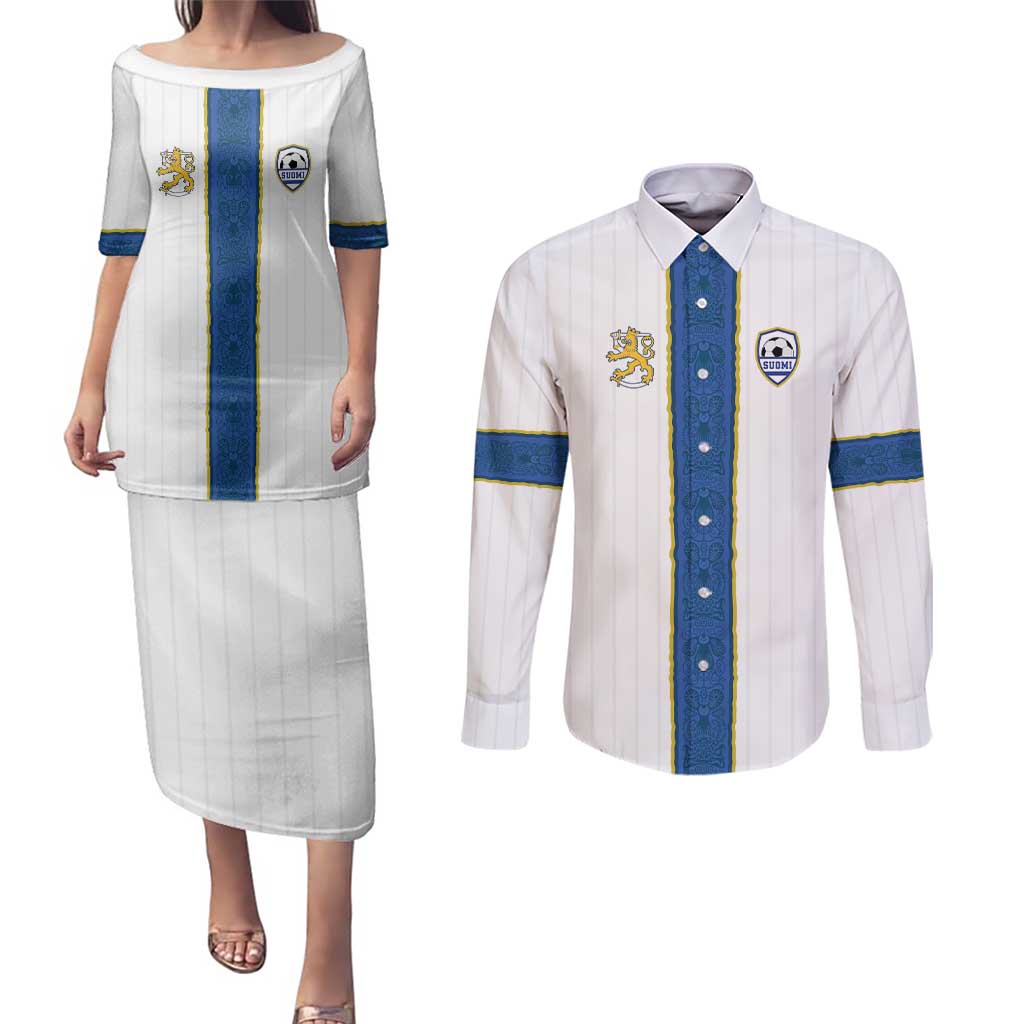 Custom Finland Football Couples Matching Puletasi and Long Sleeve Button Shirt Suomi Champion Sami Pattern - Wonder Print Shop
