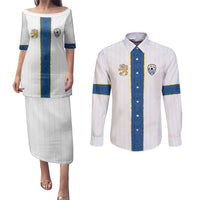 Custom Finland Football Couples Matching Puletasi and Long Sleeve Button Shirt Suomi Champion Sami Pattern - Wonder Print Shop