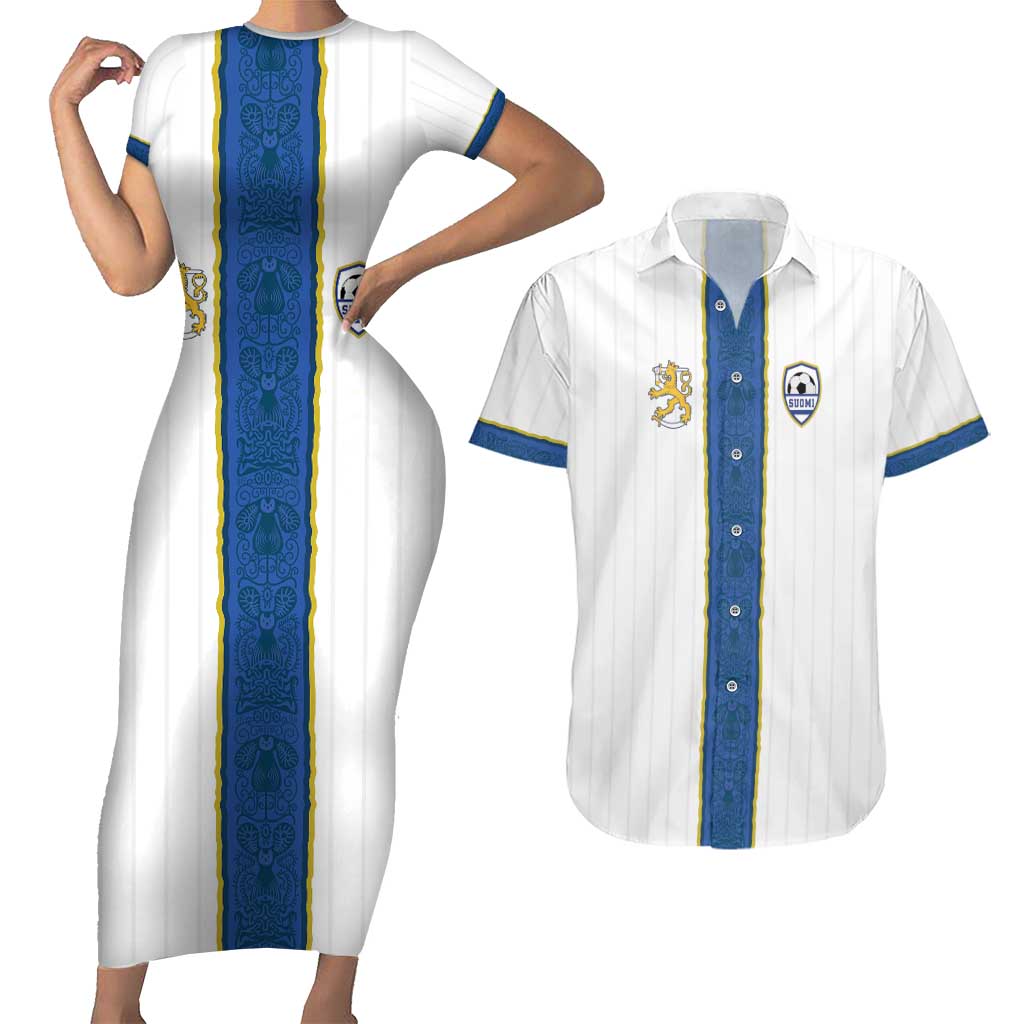 Custom Finland Football Couples Matching Short Sleeve Bodycon Dress and Hawaiian Shirt Suomi Champion Sami Pattern - Wonder Print Shop