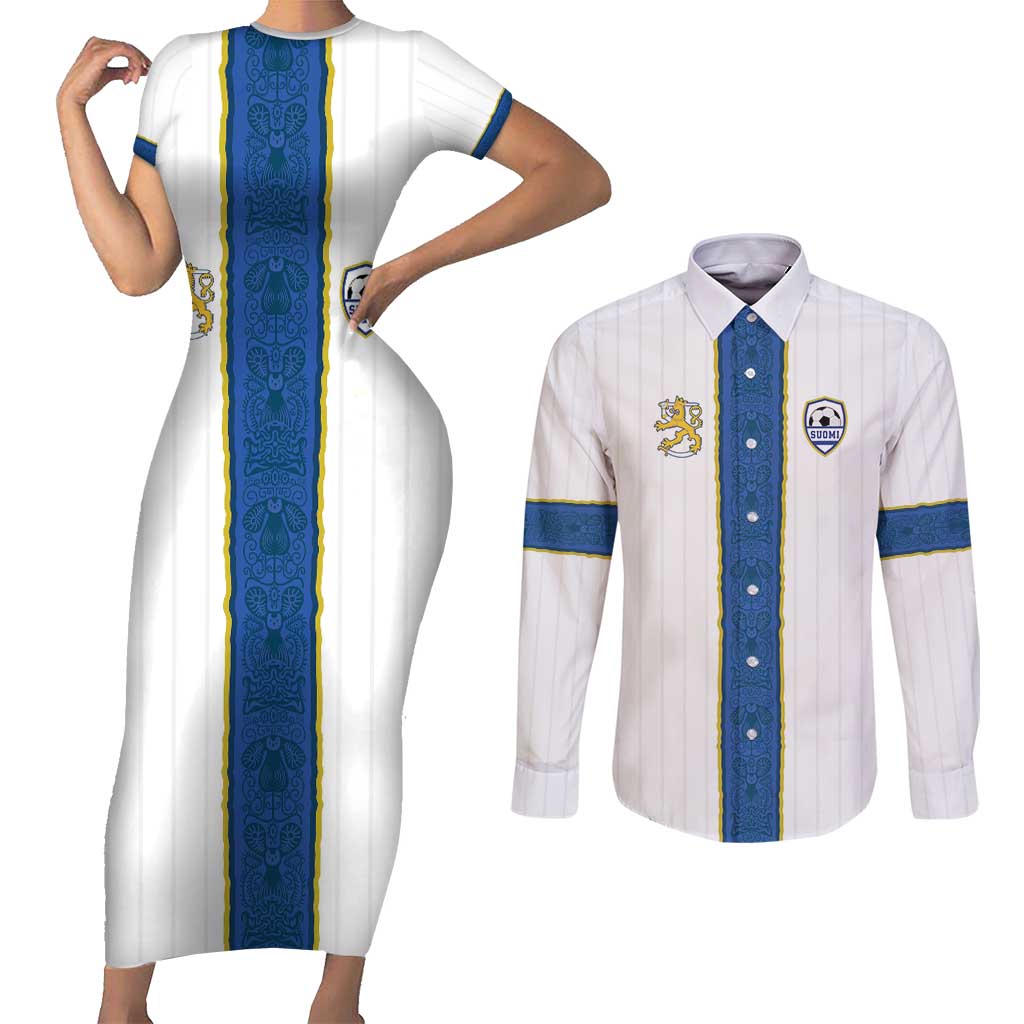 Custom Finland Football Couples Matching Short Sleeve Bodycon Dress and Long Sleeve Button Shirt Suomi Champion Sami Pattern - Wonder Print Shop