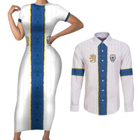 Custom Finland Football Couples Matching Short Sleeve Bodycon Dress and Long Sleeve Button Shirt Suomi Champion Sami Pattern - Wonder Print Shop