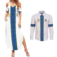 Custom Finland Football Couples Matching Summer Maxi Dress and Long Sleeve Button Shirt Suomi Champion Sami Pattern - Wonder Print Shop