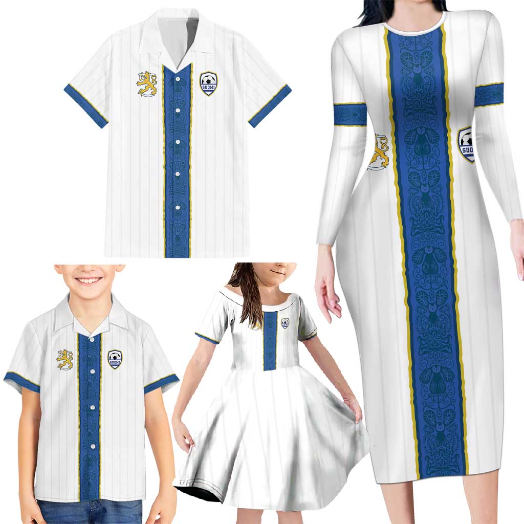 Custom Finland Football Family Matching Long Sleeve Bodycon Dress and Hawaiian Shirt Suomi Champion Sami Pattern - Wonder Print Shop