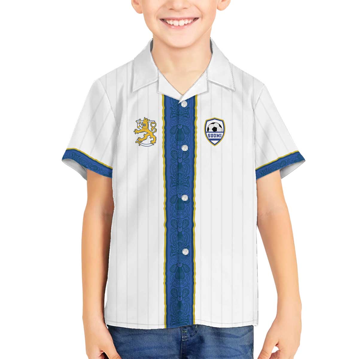 Custom Finland Football Family Matching Off The Shoulder Long Sleeve Dress and Hawaiian Shirt Suomi Champion Sami Pattern - Wonder Print Shop