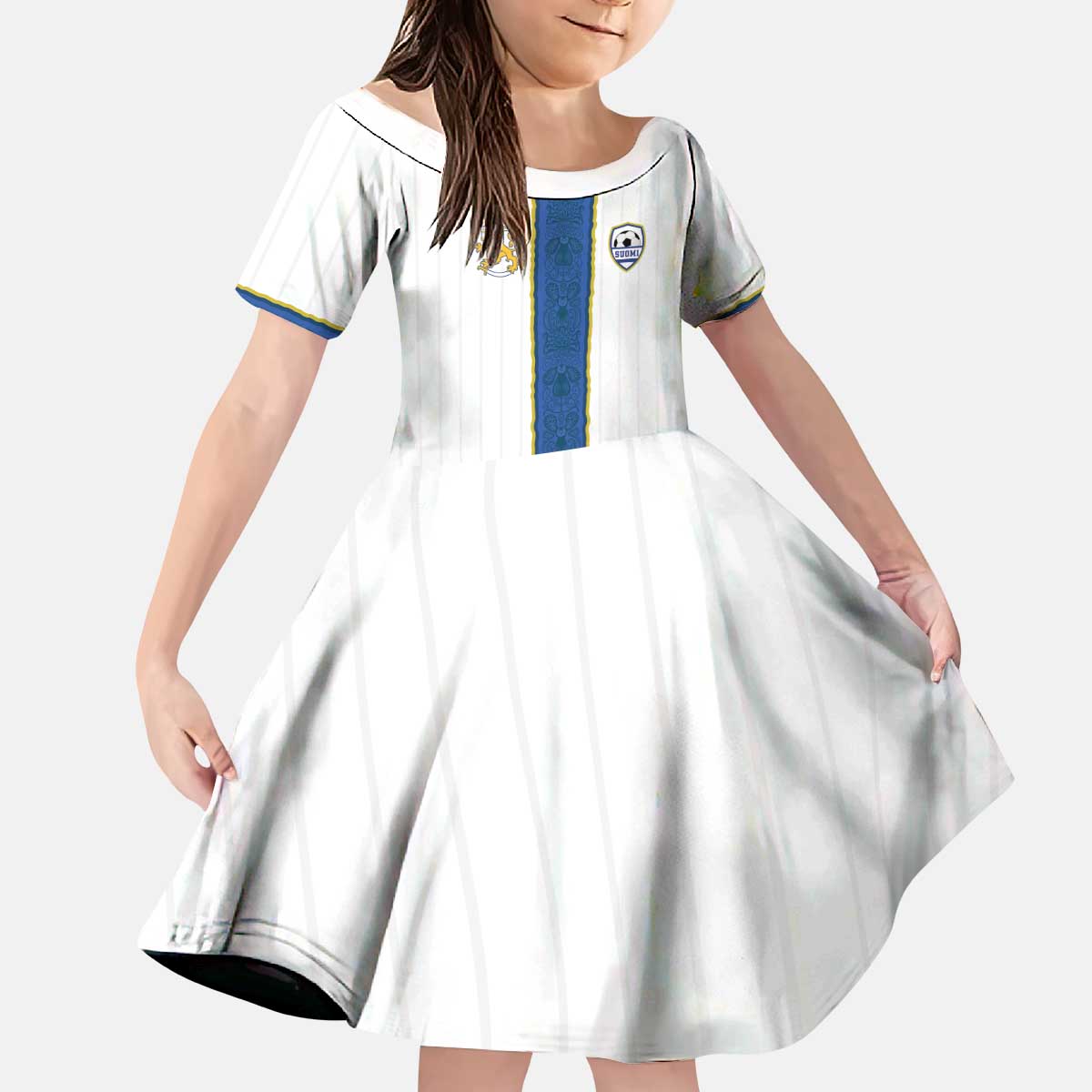 Custom Finland Football Kid Short Sleeve Dress Suomi Champion Sami Pattern - Wonder Print Shop