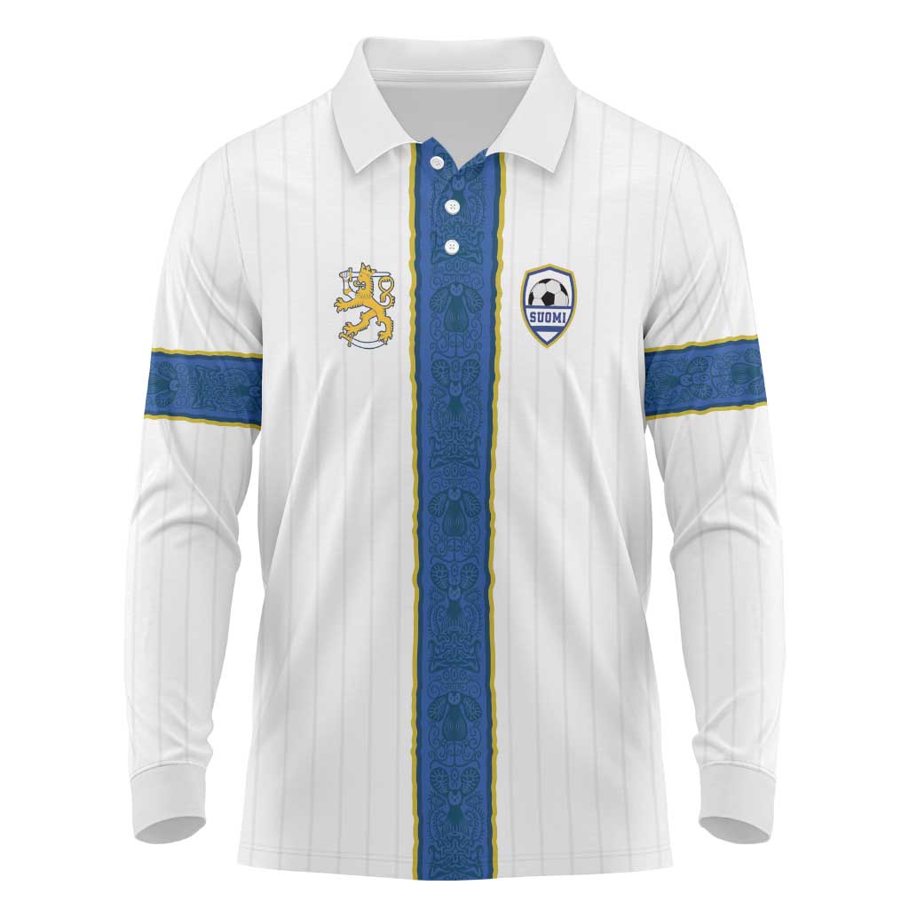 Custom Finland Football Long Sleeve Polo Shirt Suomi Champion Sami Pattern - Wonder Print Shop