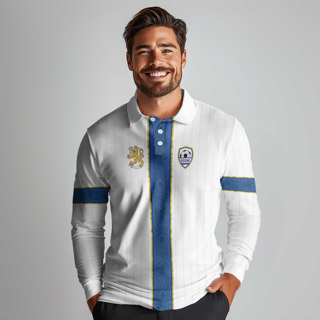 Custom Finland Football Long Sleeve Polo Shirt Suomi Champion Sami Pattern - Wonder Print Shop