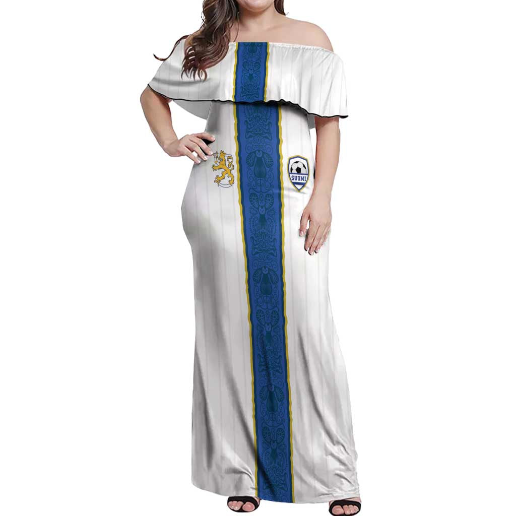Custom Finland Football Off Shoulder Maxi Dress Suomi Champion Sami Pattern - Wonder Print Shop
