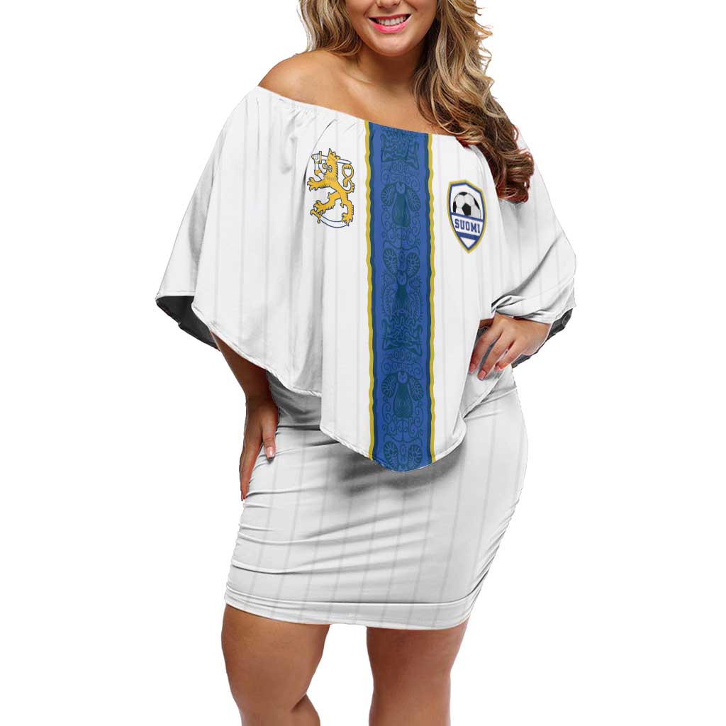 Custom Finland Football Off Shoulder Short Dress Suomi Champion Sami Pattern - Wonder Print Shop