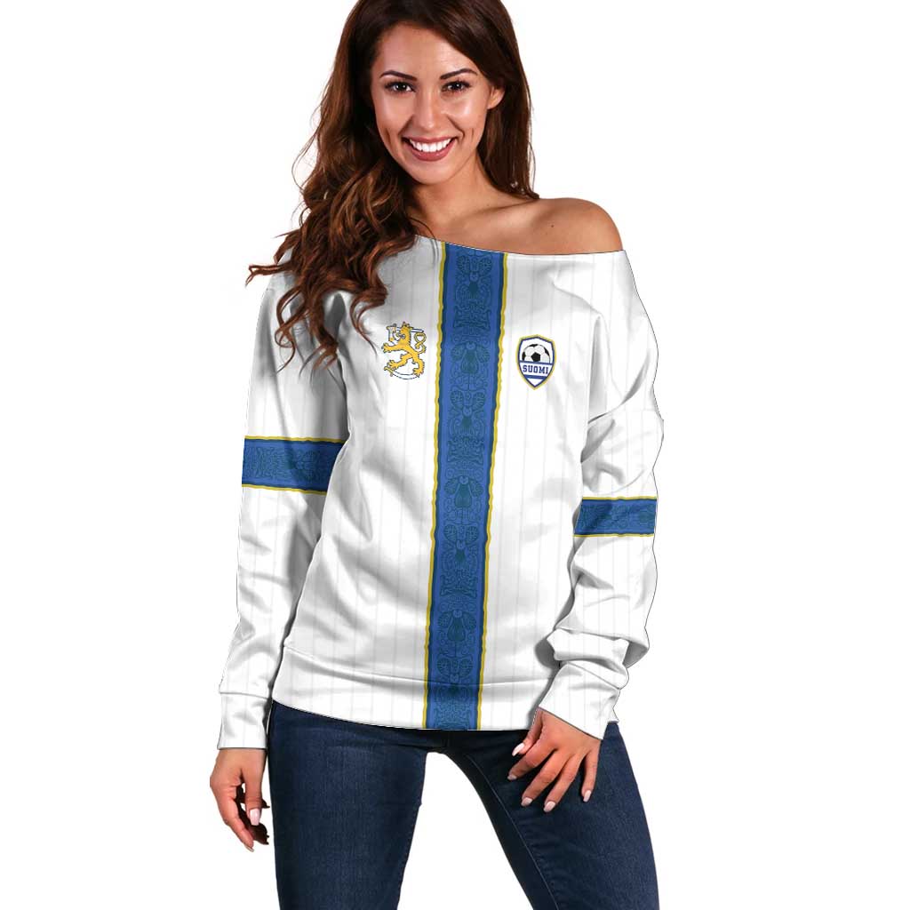 Custom Finland Football Off Shoulder Sweater Suomi Champion Sami Pattern - Wonder Print Shop