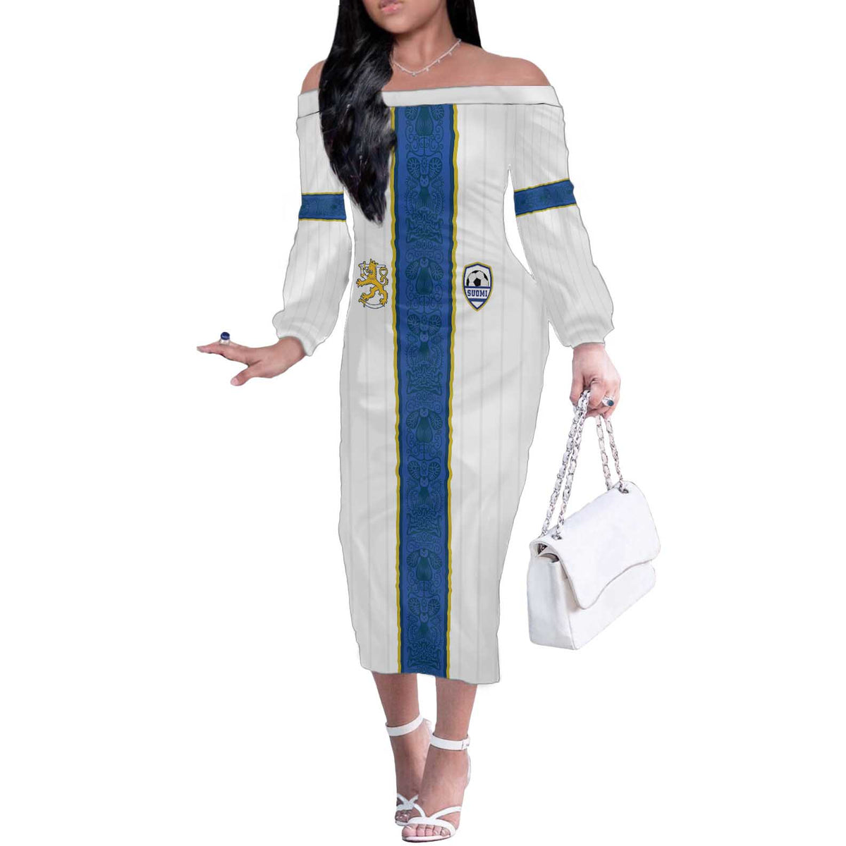 Custom Finland Football Off The Shoulder Long Sleeve Dress Suomi Champion Sami Pattern - Wonder Print Shop