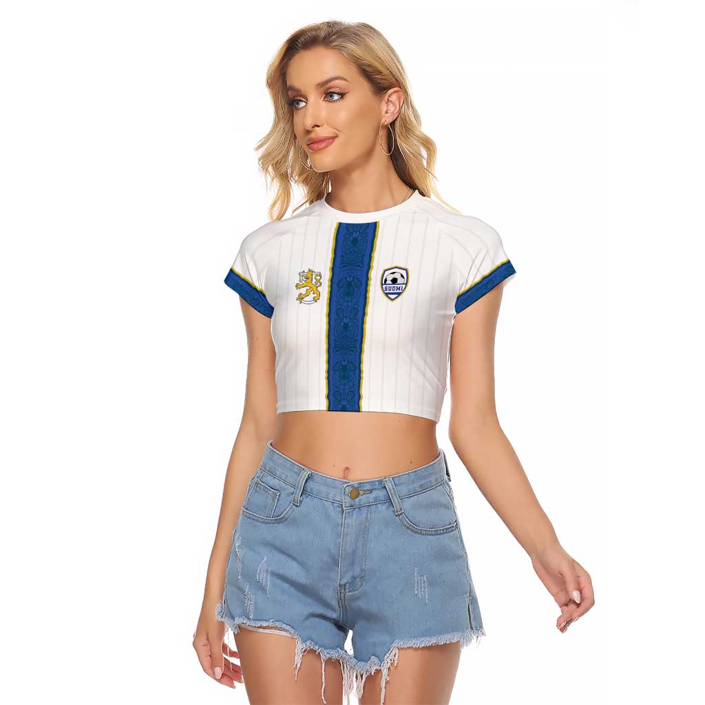 Custom Finland Football Raglan Cropped T Shirt Suomi Champion Sami Pattern - Wonder Print Shop