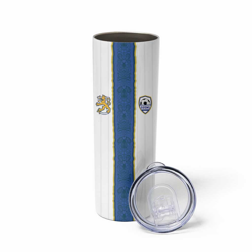 Custom Finland Football Skinny Tumbler Suomi Champion Sami Pattern - Wonder Print Shop