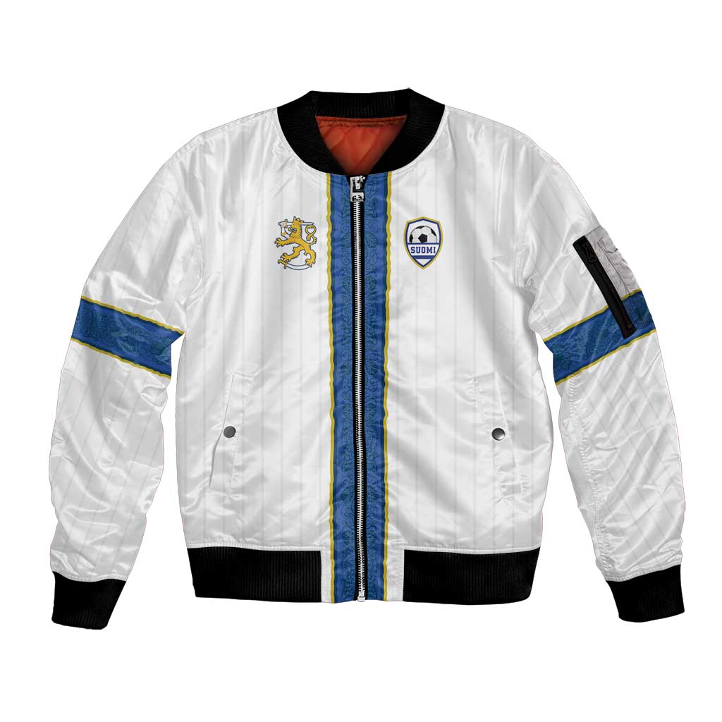 Custom Finland Football Sleeve Zip Bomber Jacket Suomi Champion Sami Pattern - Wonder Print Shop