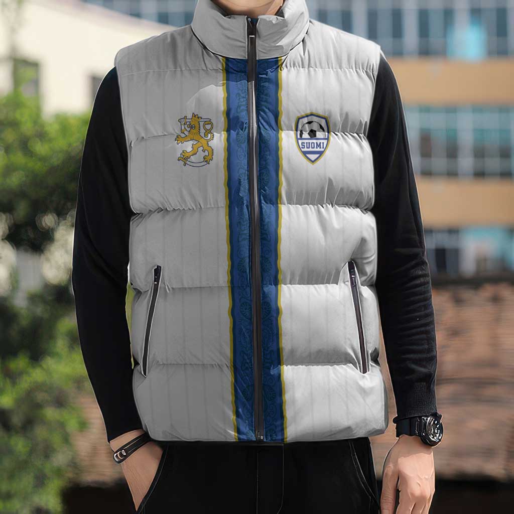 Custom Finland Football Sleeveless Puffer Jacket Suomi Champion Sami Pattern - Wonder Print Shop