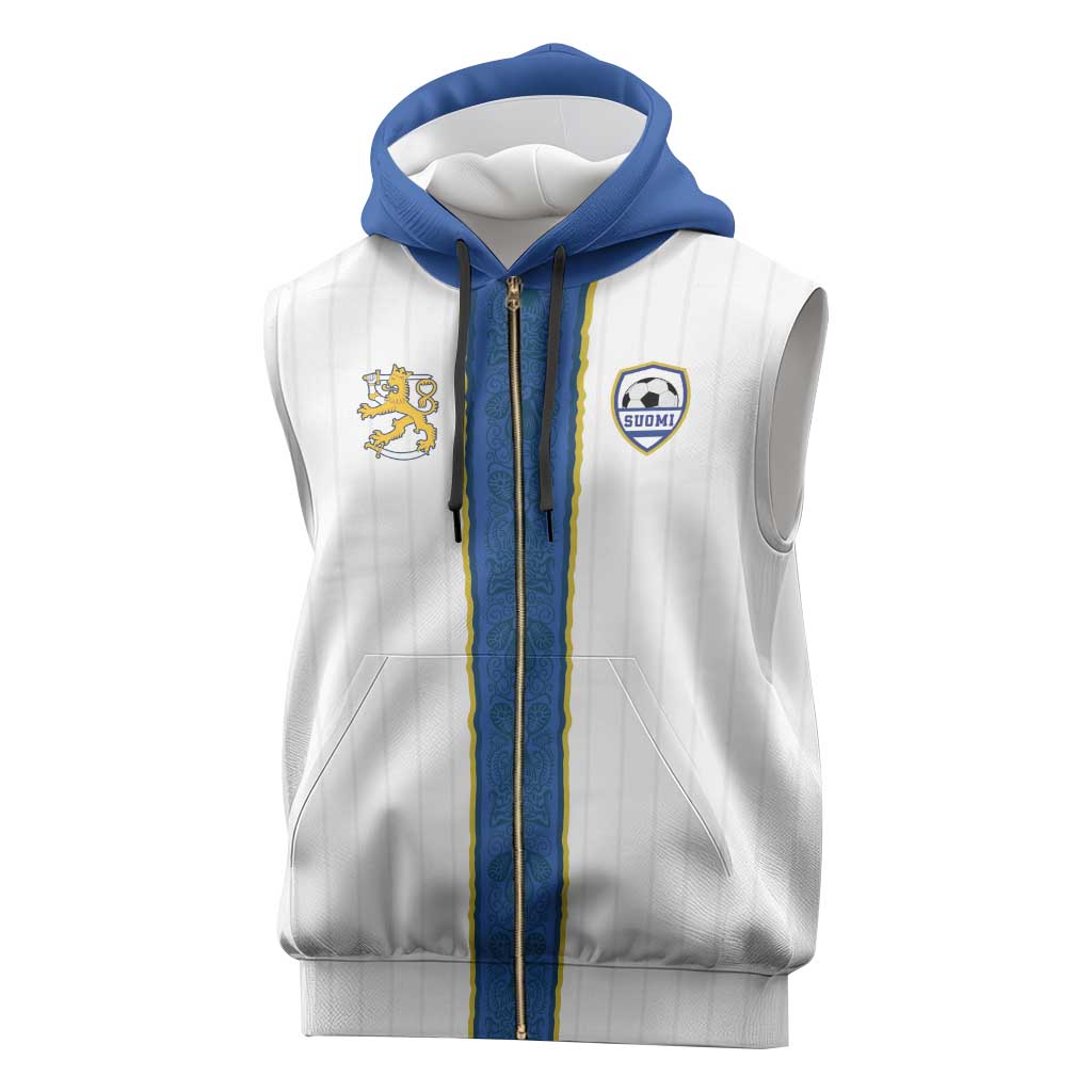 Custom Finland Football Sleeveless Zip Hoodie Suomi Champion Sami Pattern - Wonder Print Shop