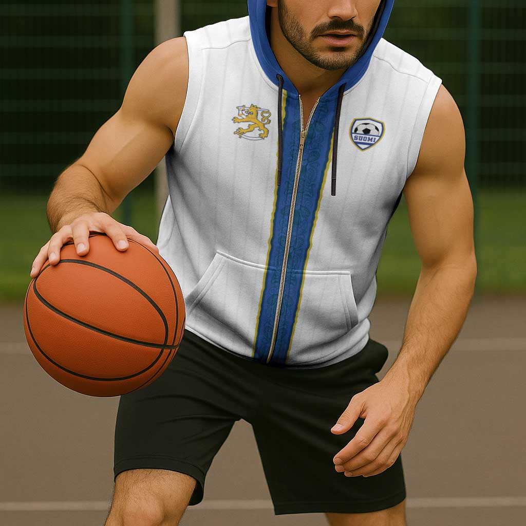 Custom Finland Football Sleeveless Zip Hoodie Suomi Champion Sami Pattern - Wonder Print Shop