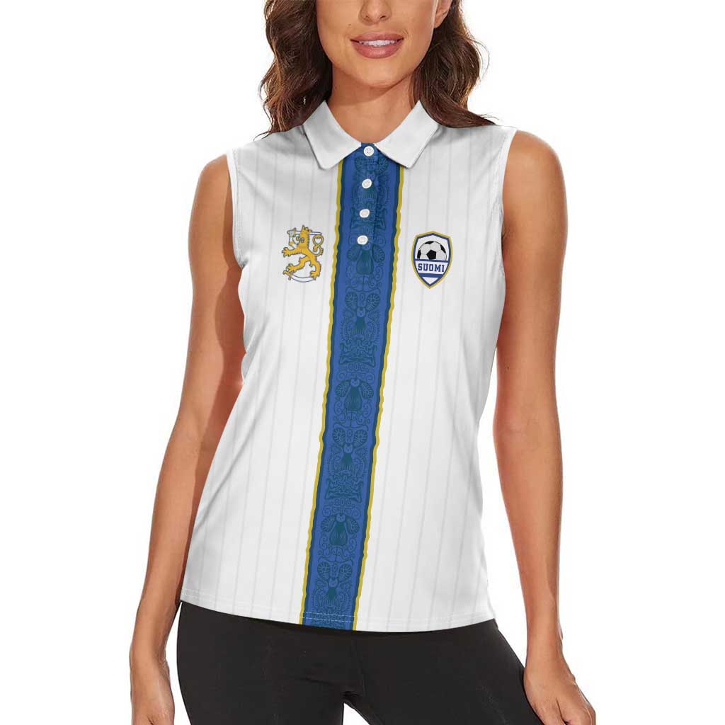 Custom Finland Football Women Sleeveless Polo Shirt Suomi Champion Sami Pattern - Wonder Print Shop