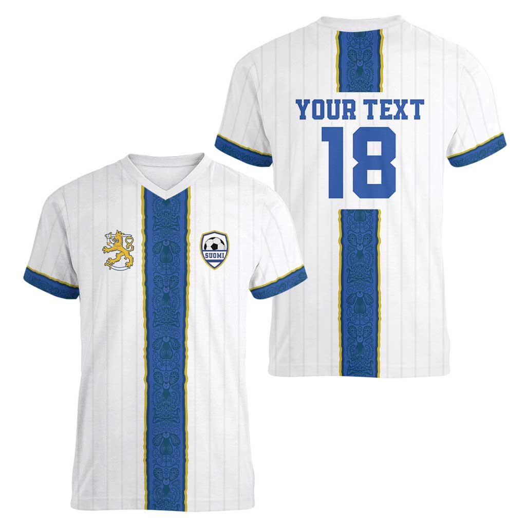 Custom Finland Football Women V-Neck T-Shirt Suomi Champion Sami Pattern - Wonder Print Shop
