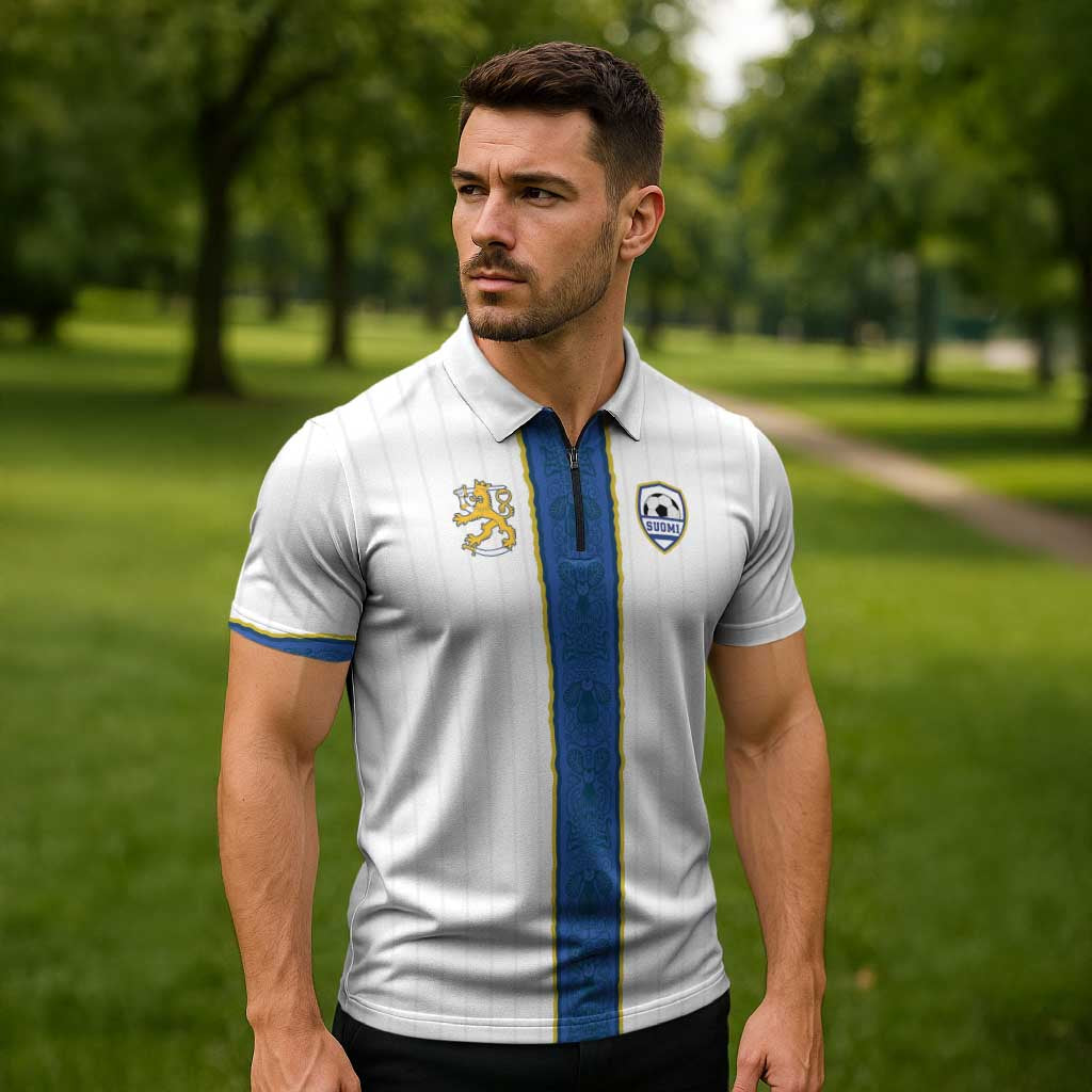 Custom Finland Football Zipper Polo Shirt Suomi Champion Sami Pattern - Wonder Print Shop