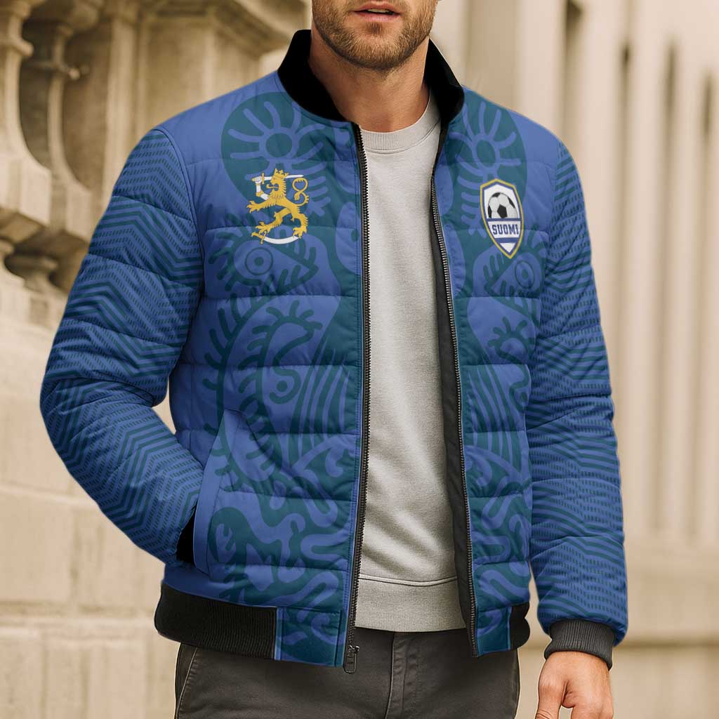 Custom Finland Football Champion Bomber Puffer Jacket Sami Pattern - Wonder Print Shop
