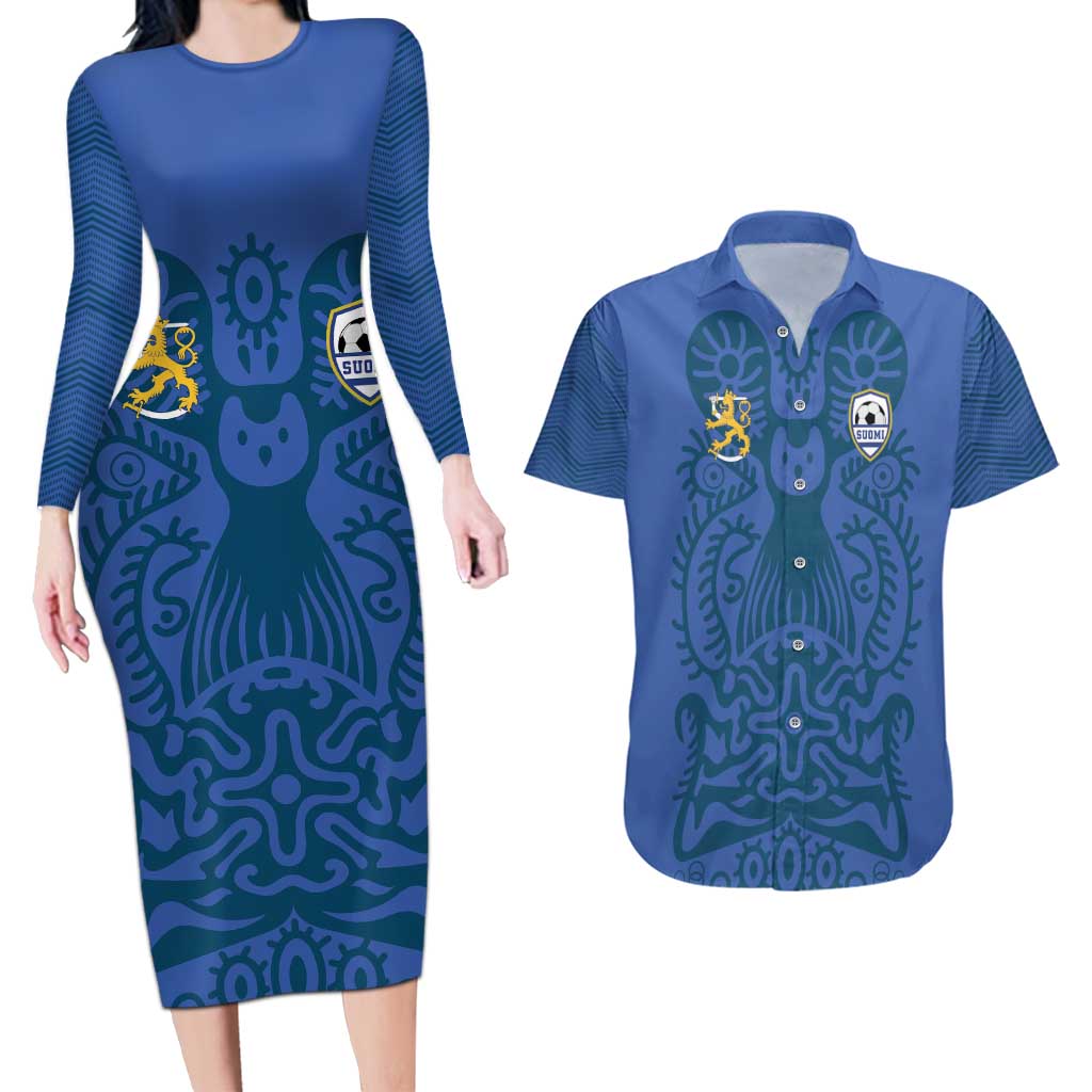 Custom Finland Football Champion Couples Matching Long Sleeve Bodycon Dress and Hawaiian Shirt Sami Pattern - Wonder Print Shop