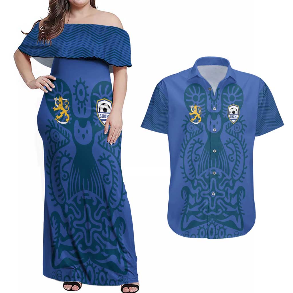 Custom Finland Football Champion Couples Matching Off Shoulder Maxi Dress and Hawaiian Shirt Sami Pattern - Wonder Print Shop