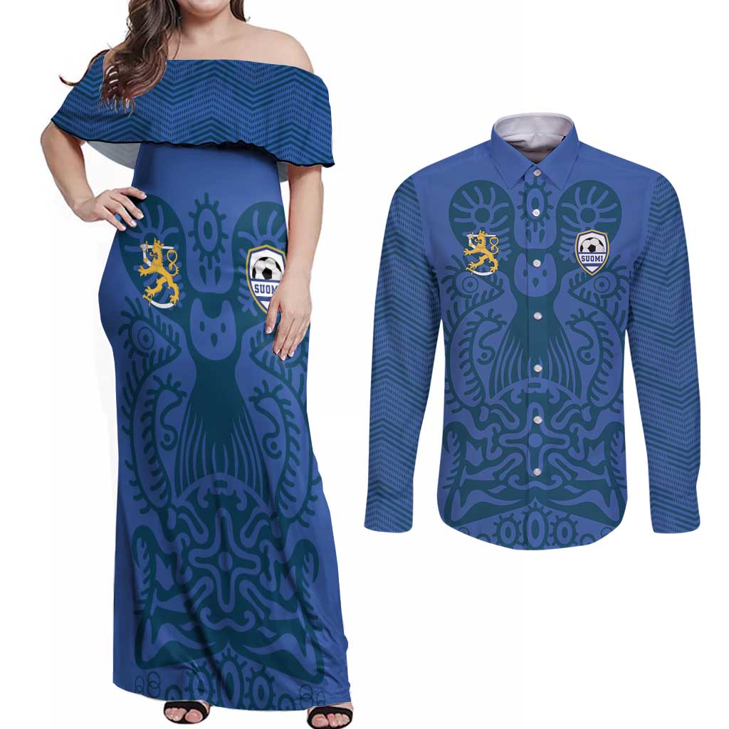 Custom Finland Football Champion Couples Matching Off Shoulder Maxi Dress and Long Sleeve Button Shirt Sami Pattern - Wonder Print Shop