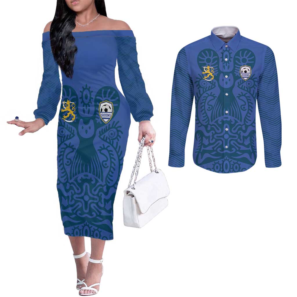 Custom Finland Football Champion Couples Matching Off The Shoulder Long Sleeve Dress and Long Sleeve Button Shirt Sami Pattern - Wonder Print Shop