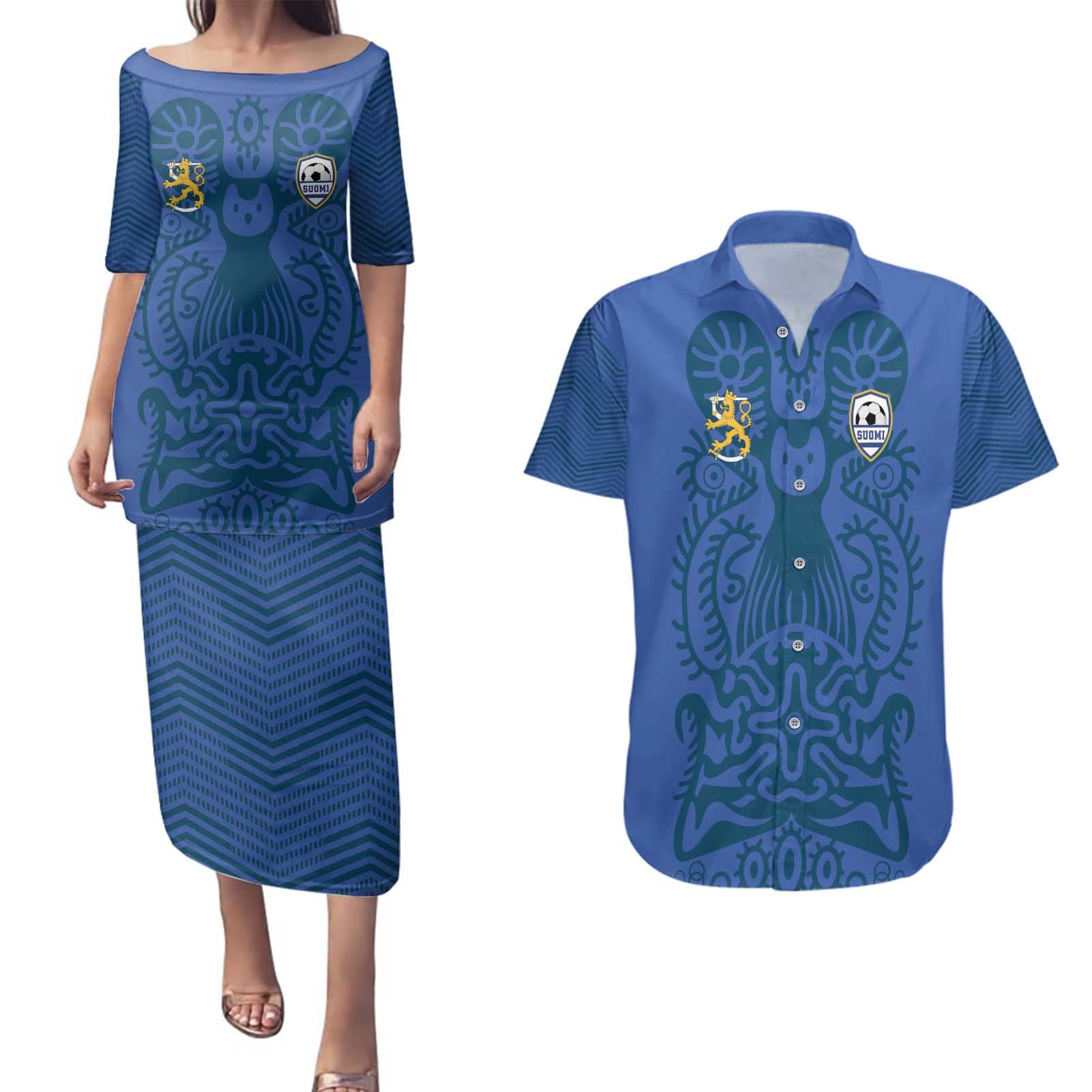 Custom Finland Football Champion Couples Matching Puletasi and Hawaiian Shirt Sami Pattern - Wonder Print Shop