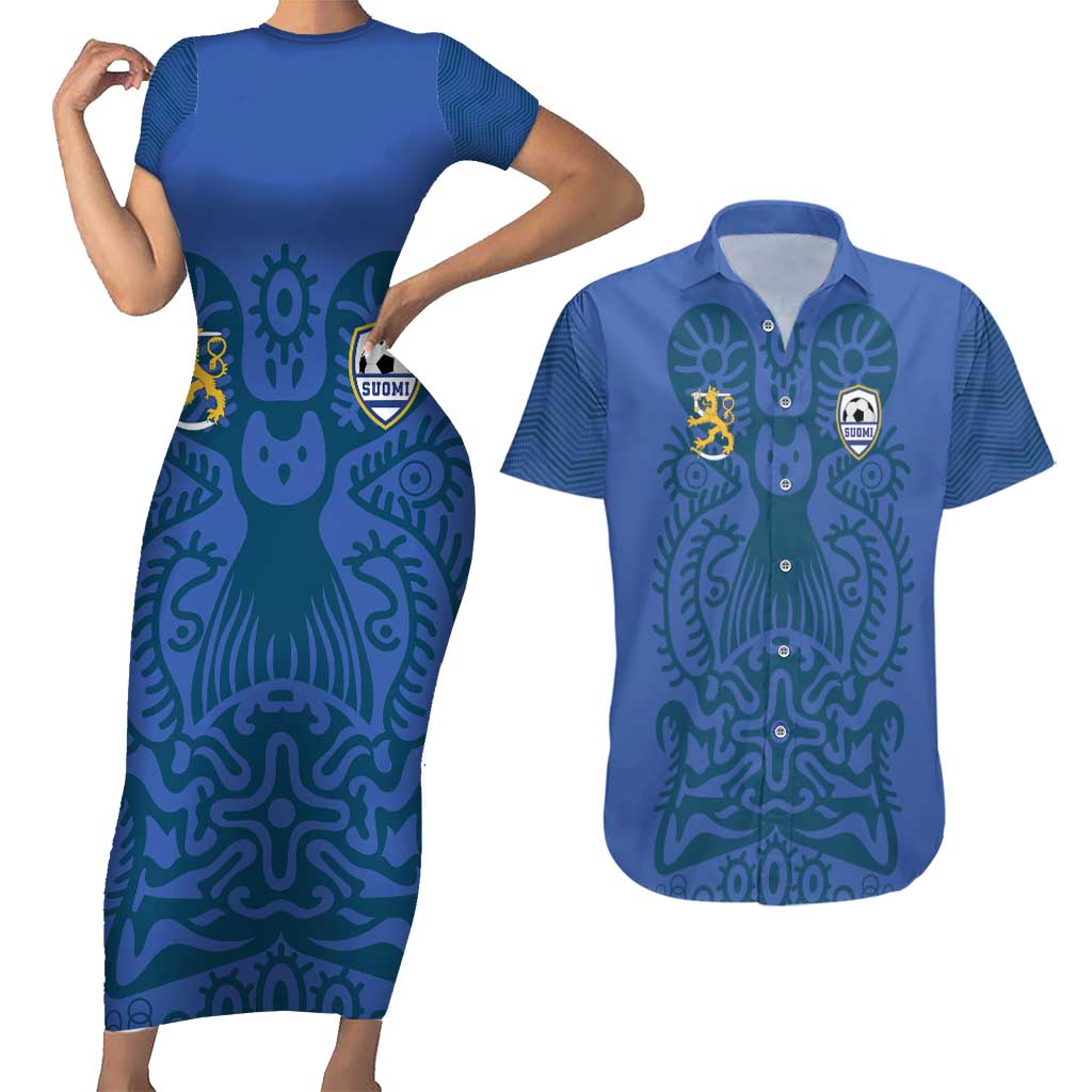 Custom Finland Football Champion Couples Matching Short Sleeve Bodycon Dress and Hawaiian Shirt Sami Pattern - Wonder Print Shop
