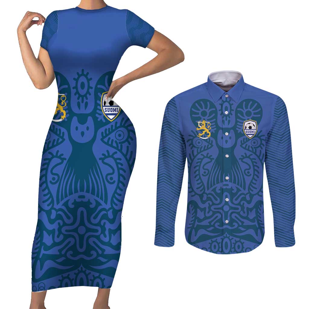 Custom Finland Football Champion Couples Matching Short Sleeve Bodycon Dress and Long Sleeve Button Shirt Sami Pattern - Wonder Print Shop