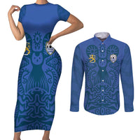 Custom Finland Football Champion Couples Matching Short Sleeve Bodycon Dress and Long Sleeve Button Shirt Sami Pattern - Wonder Print Shop