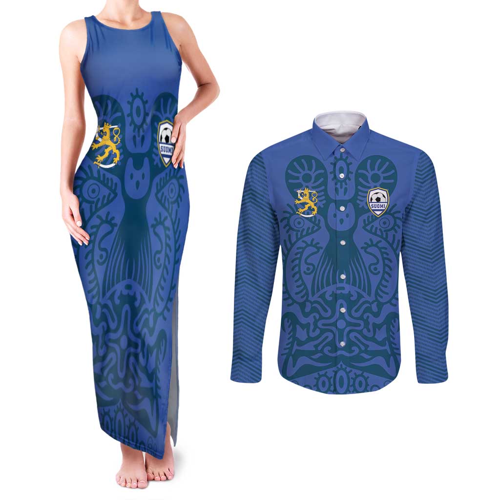 Custom Finland Football Champion Couples Matching Tank Maxi Dress and Long Sleeve Button Shirt Sami Pattern - Wonder Print Shop