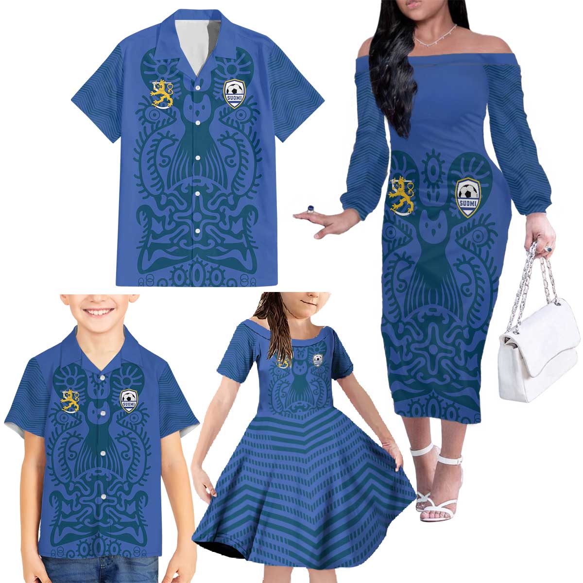 Custom Finland Football Champion Family Matching Off The Shoulder Long Sleeve Dress and Hawaiian Shirt Sami Pattern - Wonder Print Shop