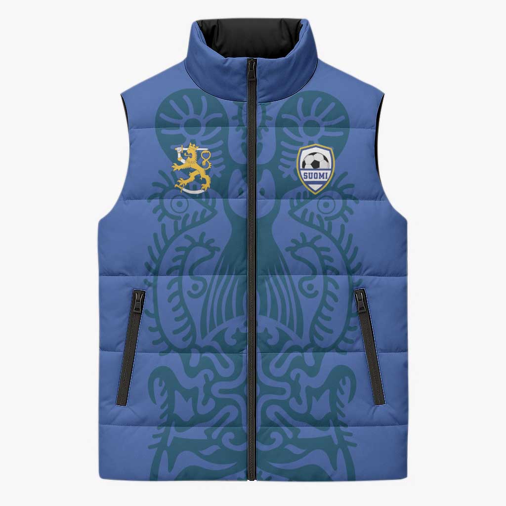 Custom Finland Football Champion Sleeveless Puffer Jacket Sami Pattern - Wonder Print Shop