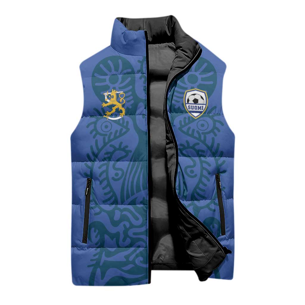 Custom Finland Football Champion Sleeveless Puffer Jacket Sami Pattern - Wonder Print Shop