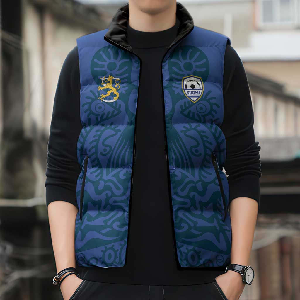 Custom Finland Football Champion Sleeveless Puffer Jacket Sami Pattern - Wonder Print Shop