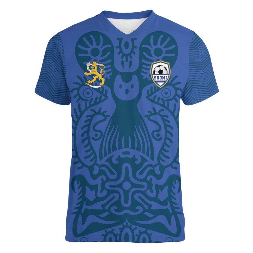 Custom Finland Football Champion Women V-Neck T-Shirt Sami Pattern - Wonder Print Shop