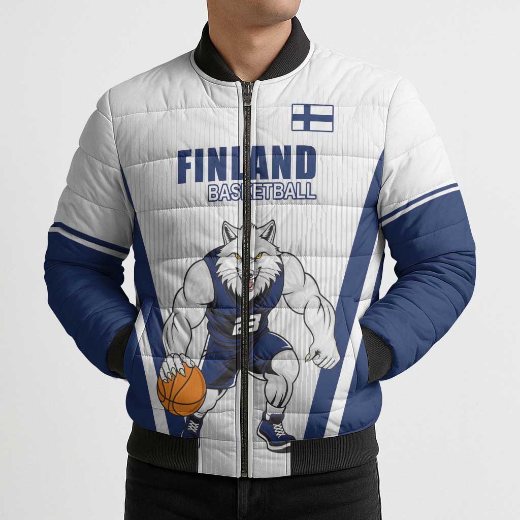 Finland Basketball Custom Bomber Puffer Jacket Wolf Mascot Dynamic Style - Wonder Print Shop