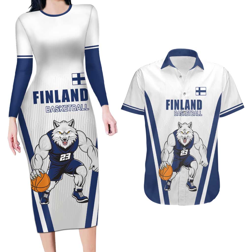 Finland Basketball Custom Couples Matching Long Sleeve Bodycon Dress and Hawaiian Shirt Wolf Mascot Dynamic Style - Wonder Print Shop