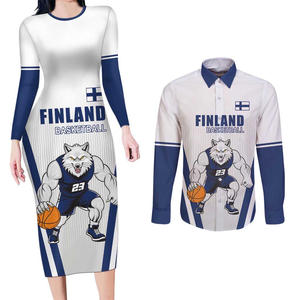 Finland Basketball Custom Couples Matching Long Sleeve Bodycon Dress and Long Sleeve Button Shirt Wolf Mascot Dynamic Style - Wonder Print Shop
