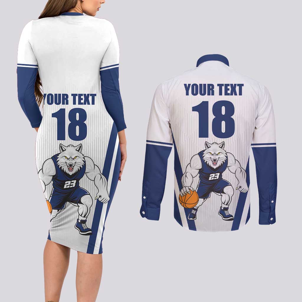 Finland Basketball Custom Couples Matching Long Sleeve Bodycon Dress and Long Sleeve Button Shirt Wolf Mascot Dynamic Style - Wonder Print Shop