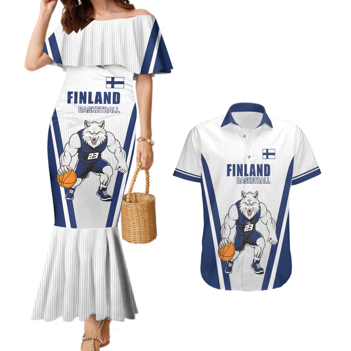 Finland Basketball Custom Couples Matching Mermaid Dress and Hawaiian Shirt Wolf Mascot Dynamic Style - Wonder Print Shop
