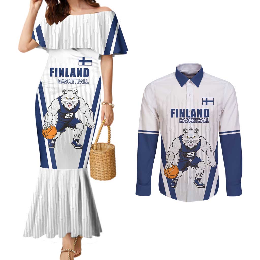Finland Basketball Custom Couples Matching Mermaid Dress and Long Sleeve Button Shirt Wolf Mascot Dynamic Style - Wonder Print Shop