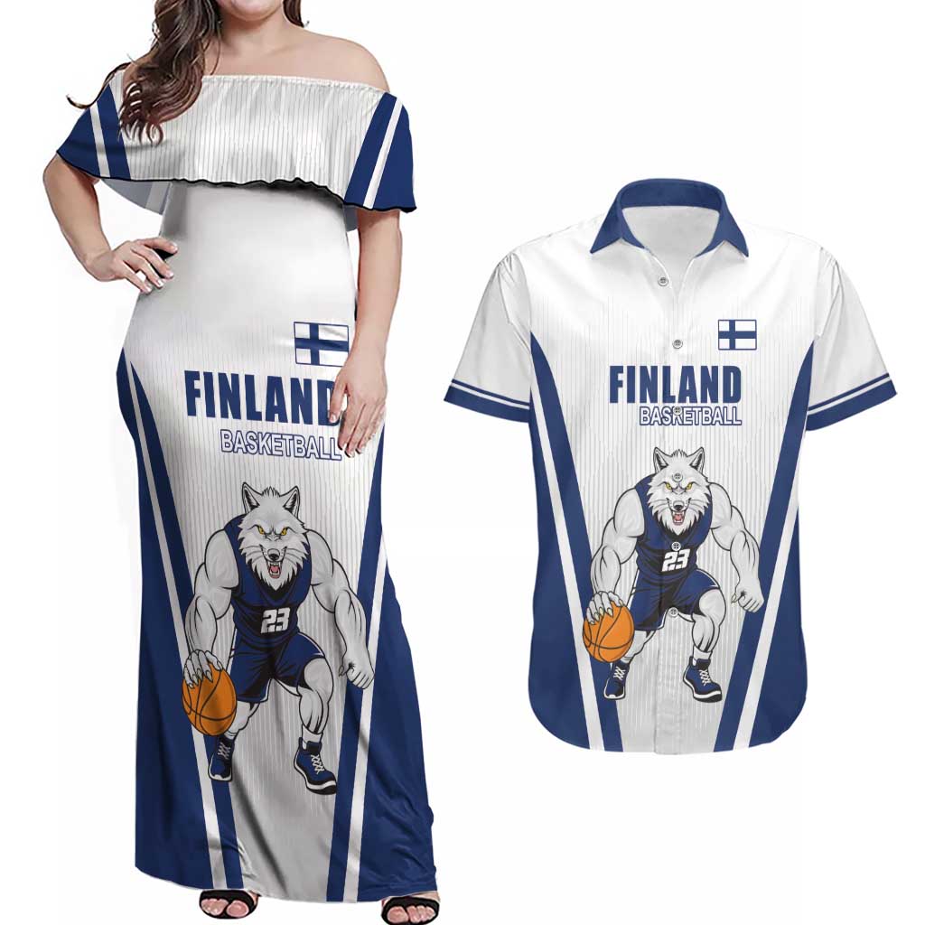 Finland Basketball Custom Couples Matching Off Shoulder Maxi Dress and Hawaiian Shirt Wolf Mascot Dynamic Style - Wonder Print Shop