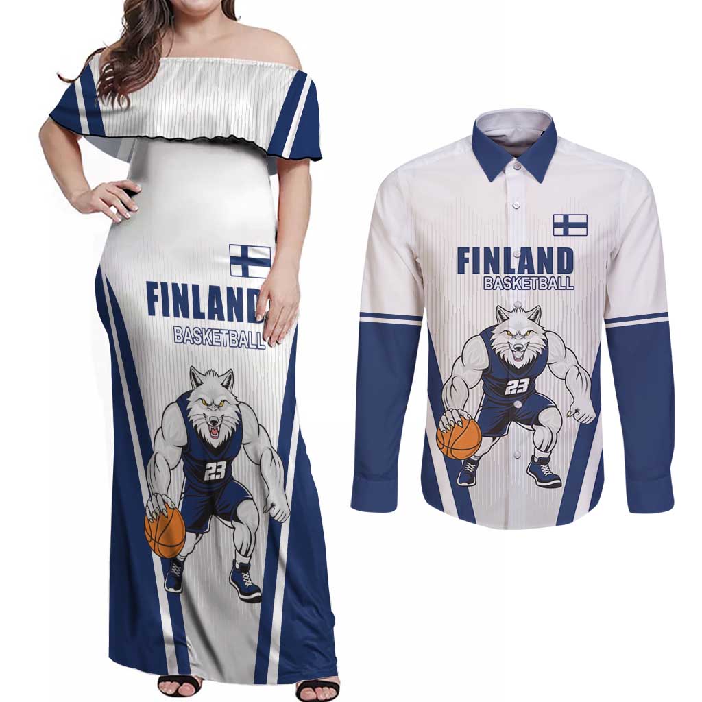 Finland Basketball Custom Couples Matching Off Shoulder Maxi Dress and Long Sleeve Button Shirt Wolf Mascot Dynamic Style - Wonder Print Shop