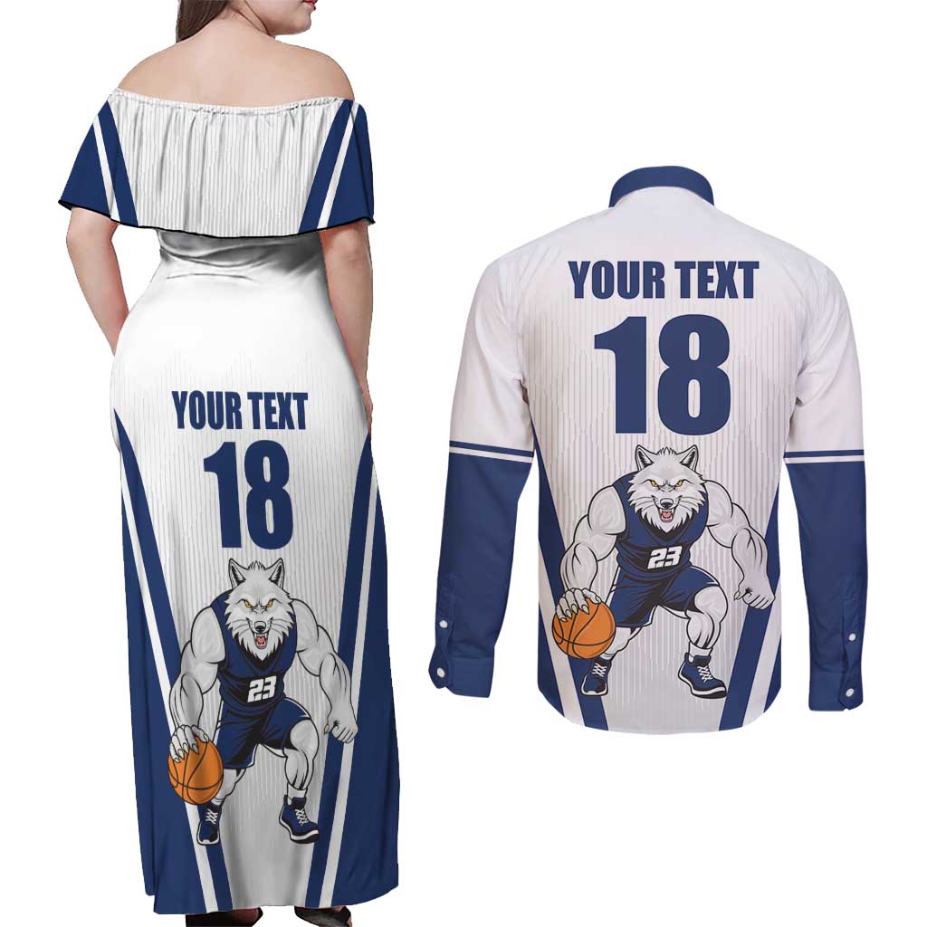 Finland Basketball Custom Couples Matching Off Shoulder Maxi Dress and Long Sleeve Button Shirt Wolf Mascot Dynamic Style - Wonder Print Shop