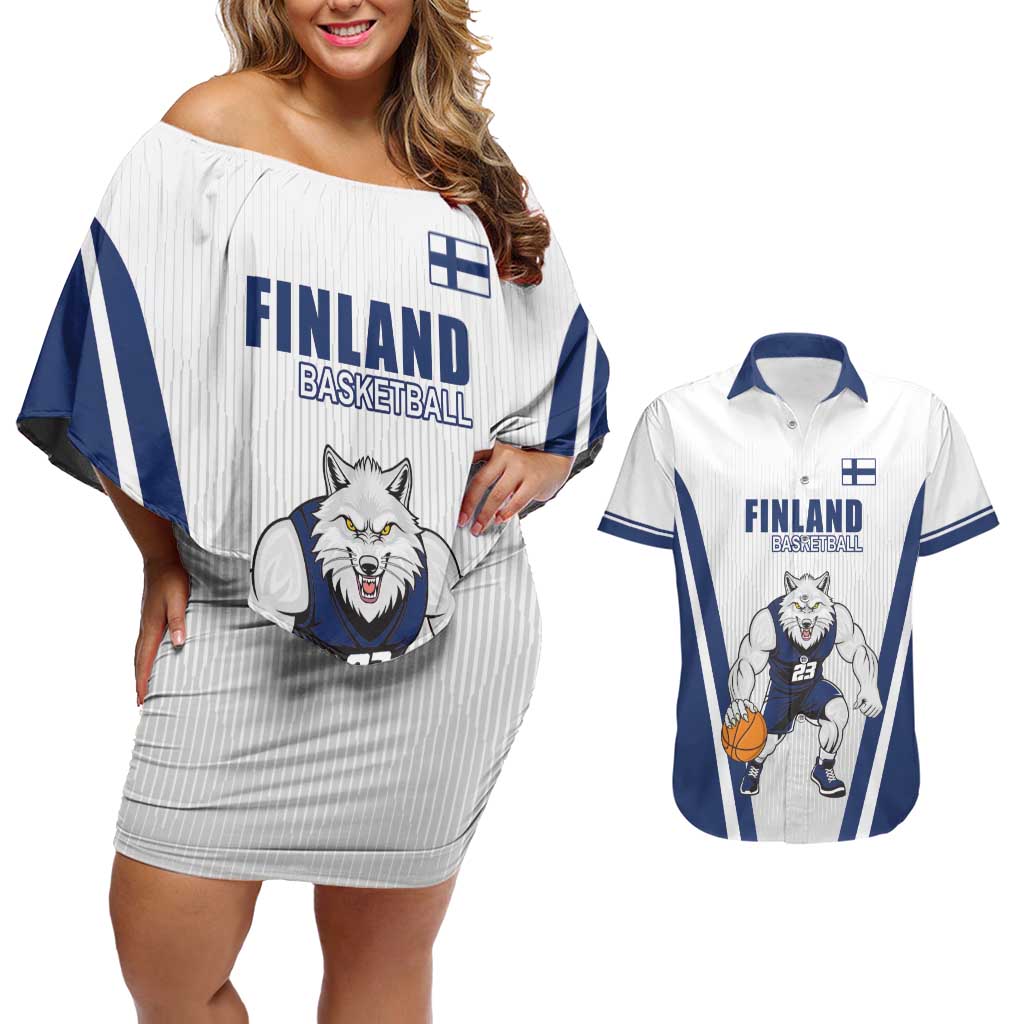 Finland Basketball Custom Couples Matching Off Shoulder Short Dress and Hawaiian Shirt Wolf Mascot Dynamic Style - Wonder Print Shop